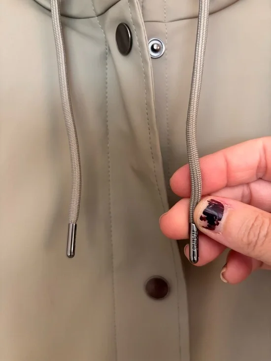 Rains Beige Hooded Trench Coat Size Medium Curve Jacket Scandi Gorpcore Work - Picture 7 of 16